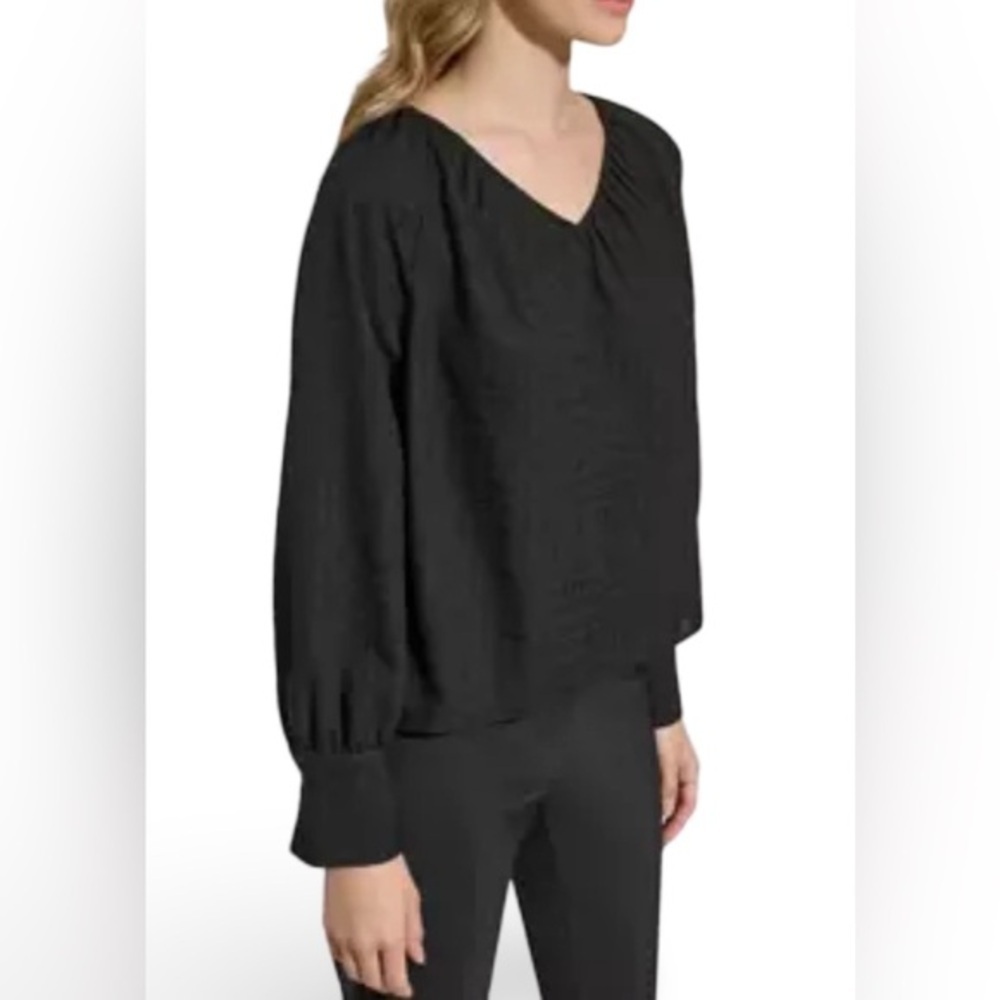 CALVIN KLEIN ๐SMALL๐BLACK & GREY LONG SLEEVED CHIFFON V NECK PEPLUM BLOUSE - Picture 10 of 15
